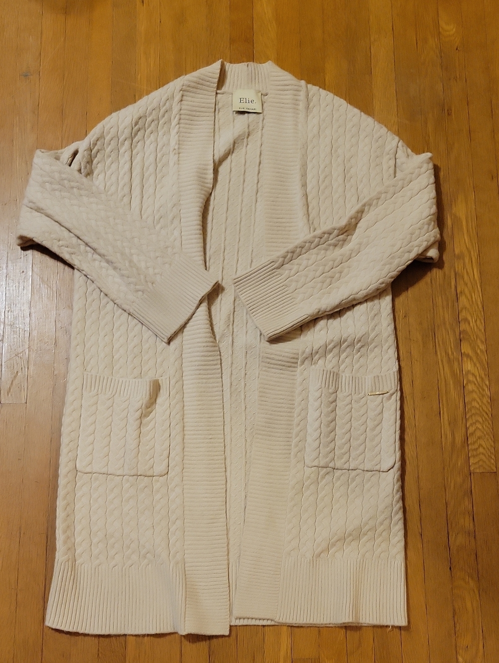 Elie Tahari Beige Cable-Knit Open Front Cardigan